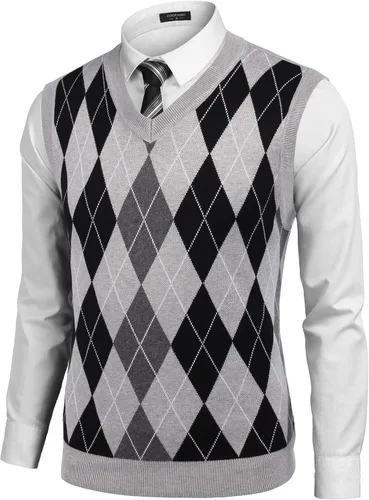 Miniatura 3 de COOFANDY Suéter sin mangas con cuello en V para hombre, ajustado, informal, con rombos