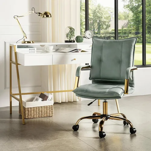 Miniatura 19 de HULALA HOME Silla de escritorio de piel sintética para oficina en casa, silla giratoria ajustable para computadora con patas y brazos dorados, Patas
