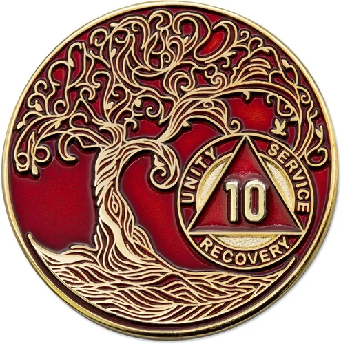 Miniatura 171 de 20 Year Sobriety Mint Twisted Tree of Life - Medallón de recuperación AA chapado en oro, fichas y fichas, color negro