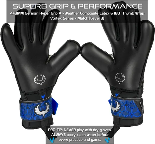 Miniatura 4 de Renegade GK Vortex - Guantes de portero con protector microbiano (tallas 6-11, 3 estilos, nivel 3) Hyper Grip de 3.5+0.118 in y súper malla Sombra