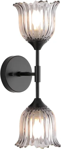 Miniatura 13 de BYOLIIMA Aplique de pared dorado de 2 luces con pantallas de vidrio ámbar, moderno de mediados de siglo, accesorios de luz de pared para tocador