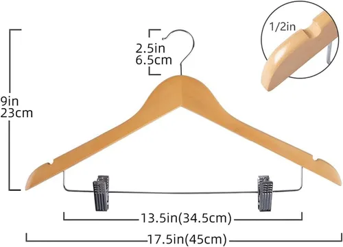 Miniatura 2 de Paquete de 10 perchas de madera con clips, perchas de madera de alta calidad para trajes, perchas para faldas con clips, colgador de madera S con 10