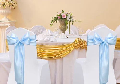 Miniatura 3 de Paquete de 50 cintas de satén para sillas color azul bebé, 7 x 108 pulgadas, cintas universales doradas para sillas de boda, ceremonia, fiesta