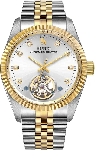 Miniatura 11 de BUREI Reloj automático de lujo para hombre, resistente al agua, reloj mecánico, correa ajustable de dos tonos de acero inoxidable