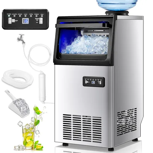 Máquina comercial para hacer hielo, 100 libras/24 horas, máquina de hielo independiente y debajo del mostrador con 2 entradas de agua, 40