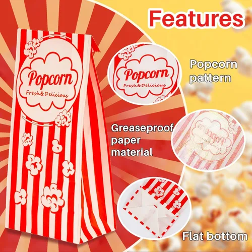 Miniatura 4 de MAQIHAN 200 bolsas de palomitas de maíz con parte inferior plana, pequeña bolsa de papel desechable para palomitas de maíz, contenedor de granos