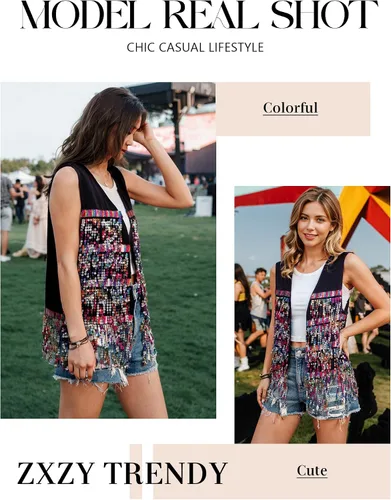 Miniatura 4 de ZXZY Chaleco sin mangas con flecos de lentejuelas para mujer, chaqueta ajustada y ligera