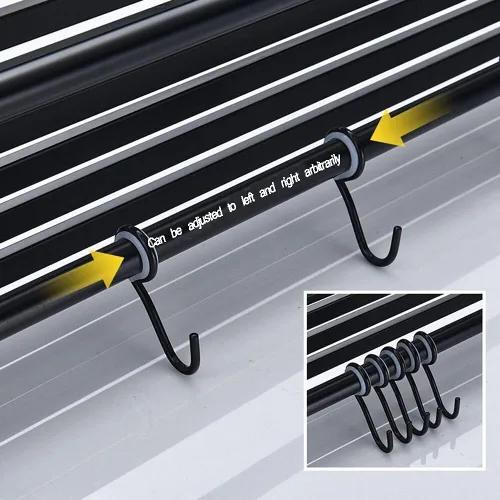 Miniatura 4 de Organizador de especias de acero inoxidable montado en la pared con 5 ganchos para utensilios, acabado negro cepillado, estante de almacenamiento