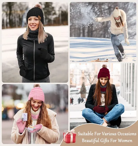 Miniatura 6 de YSense Conjunto de gorro de invierno para mujer, bufanda y guante, cálido forro polar con pompones, calentador de cuello y guantes para pantalla