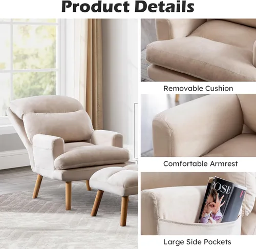 Miniatura 5 de IOMOR Silla Accent con otomano, silla de lectura cómoda, sillón con respaldo ajustable y bolsillos laterales, sofá de tela suave de ocio para Beige