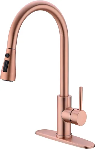 Delle Rosa Grifo de cocina de cobre y oro rosa, montaje en cubierta, acero inoxidable 304, manija única, configuración de rociado de 3 vías, fácil