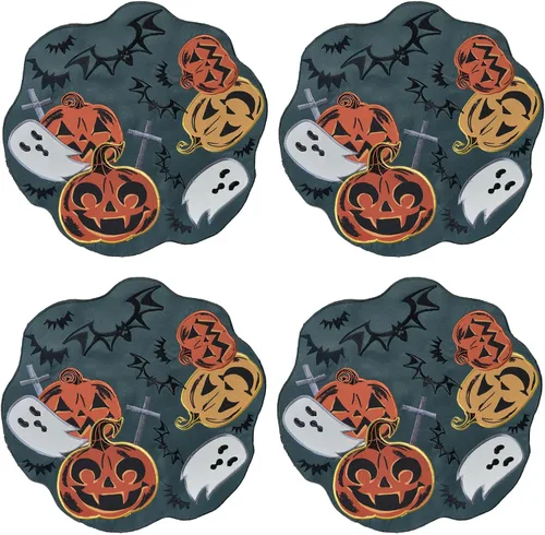 Miniatura 2 de Grelucgo Manteles individuales bordados de calabaza y casa embrujada espeluznante de Halloween, color azul turquesa (redondo, 16 pulgadas