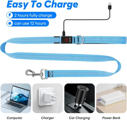 Miniatura 5 de Correa LED para perro de 4 pies, recargable con luz impermeable, seguridad que brilla en la oscuridad para caminar por la noche, nailon reflectante
