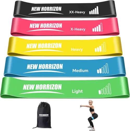 New Horrizon Bandas de resistencia para ejercicio, juego de 5 con bolsa de transporte, bandas de entrenamiento de fuerza y terapia física para