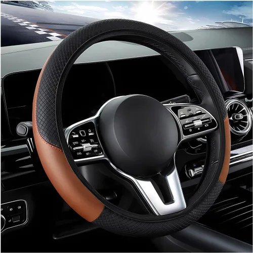 Miniatura 10 de DXNQ Funda para volante de automóvil, 15 pulgadas de fibra de carbono con costuras de piel, protector de volante de color, antideslizante, elástica