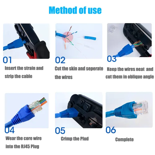 Miniatura 6 de Conectores de paso RJ45 Cat6, extremos 8P8C chapados en oro y botas de alivio de tensión azules para conector de cable de red Ethernet CAT6 RJ45