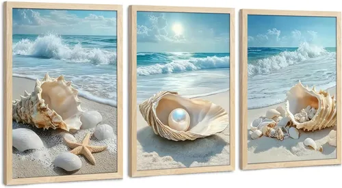 SYWENNOI 3 piezas de arte de pared de playa con marco de madera, juego de 3 impresiones costeras, conchas marinas, estrellas de mar, olas, orilla