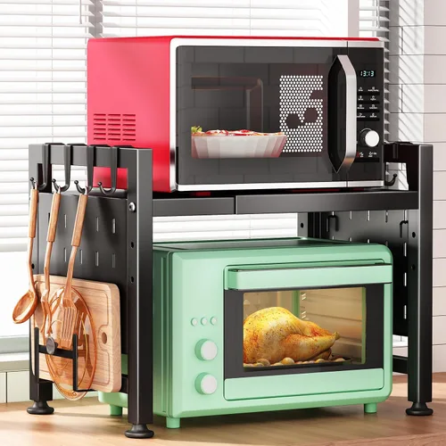 Kitstorack Estante ajustable para horno de microondas, estante para microondas resistente de 2 niveles con tablas de cortar, soporte para estantes