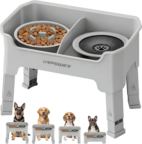 URPOWER Tazones elevados para perros a prueba de desorden con soporte elevado de 4 alturas ajustables con cuenco de agua antiderrames y cuencos para