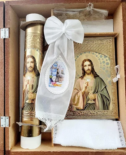 Miniatura 3 de Vela para Primera Comunion de Nino con Caja de Madera del Sagrado Corazon de Jesus con 12 Servilletas
