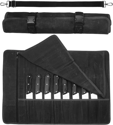 Miniatura 8 de Bolsa enrollable para cuchillos de chef, estuche de viaje para cuchillos de lona encerada, soporte de almacenamiento profesional resistente con 10