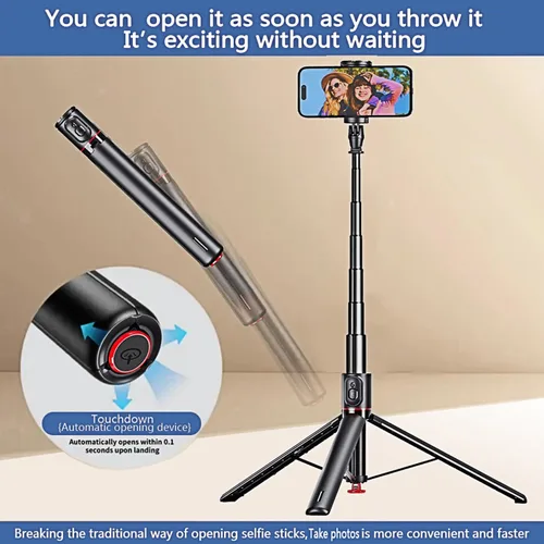 Miniatura 3 de Trípode para selfie de 70 pulgadas, color negro Un clic abierto, trípode de grabación de vídeo, varilla telescópica de aleación de aluminio