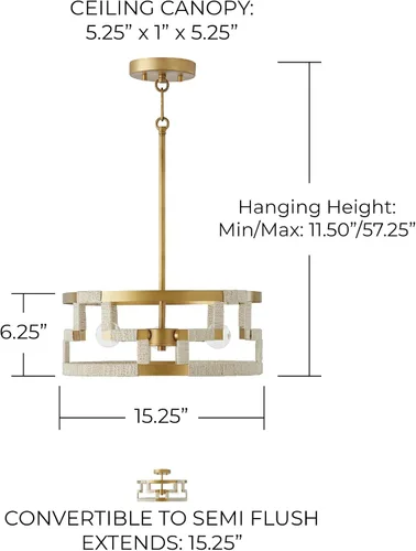 Miniatura 6 de Capital Lighting 241031NL Hala - Lámpara de techo convertible con tambor de yute natural blanqueado inspirado en llave griega, 3 luces, 180 vatios