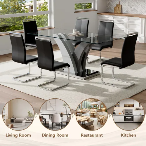 Miniatura 6 de Juego de mesa de comedor de cristal para 6, juego de mesa de cocina de 71 pulgadas para 6, juego de mesa de comedor grande con sillas de piel