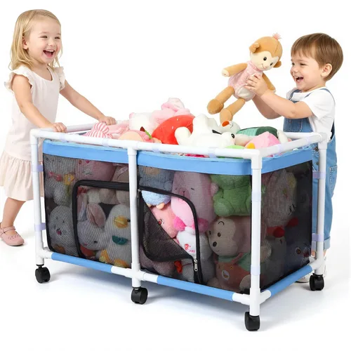 FIOBEE Caja de juguetes para niñas y niños con malla transparente y ruedas giratorias de 360°, cofre organizador de juguetes, fácil instalación,