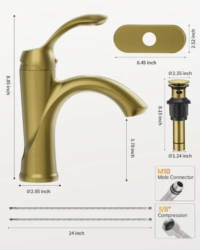 Miniatura 3 de Grifo de baño dorado, grifo de baño de un solo agujero, estilo vintage de granja con palanca de una sola manija para lavabo con drenaje desplegable