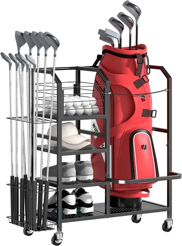 Golf Bag Storage Organizer for Garage, Single Golf Bag Garage Organizer with Golf Club Rack, Shoe Shelves & Ball Storage, Rolling Golf Storage Rack