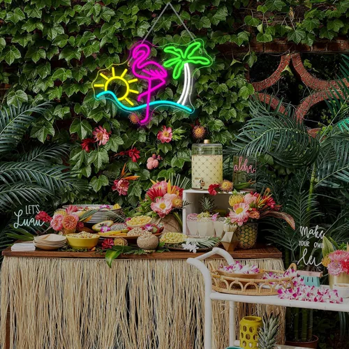 Miniatura 6 de Letreros de neón de flamenco, sol y palmera para decoración de pared, divertido letrero de luz de neón LED regulable, alimentado por USB, para bar