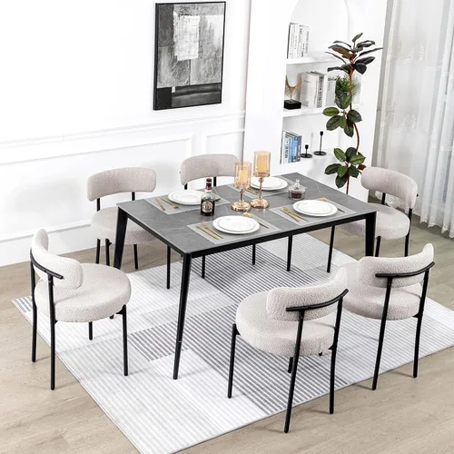 Miniatura 21 de DYHOME - Juego de 2 sillas de comedor de bouclé negro, sillas de cocina modernas de mediados de siglo con respaldo curvo y patas de metal, sillas