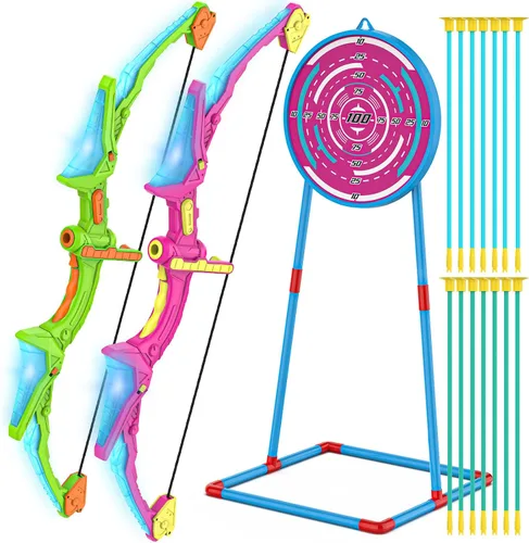 Miniatura 9 de Kmuxilal Paquete de 2 Arcos y Flechas para Niños con Luces LED Intermitentes, 14 Flechas con Ventosa y Diana de Pie Fluorescente - Juego de Tiro