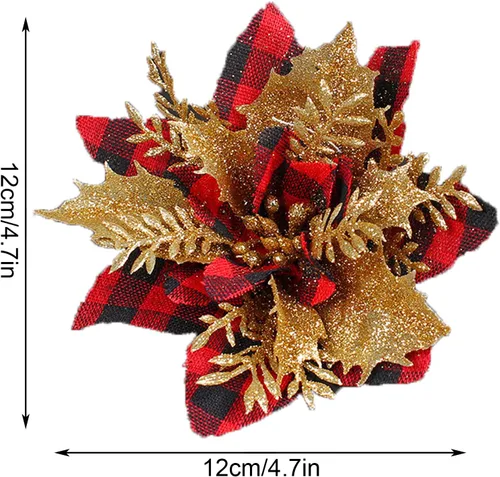 Miniatura 5 de 24 flores de Pascua de Navidad de 4.7 pulgadas con purpurina roja búfalo a cuadros de flores de nochebuena para adornos de árbol de Navidad