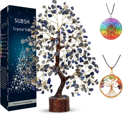 Miniatura 33 de Árbol de la vida de cristal amatista de 10-12 pulgadas con 2 colgantes de chakra – Bonsái de cristal sanador, árbol del dinero para energía