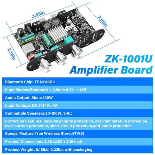 Miniatura 7 de Daakro 2 unidades ZK-1001U Mono Bluetooth Amplificador Board w/TWS, 100W Pico Power Home Audio Amplificador de Audio, Amplio Voltaje Entrada 9-24V