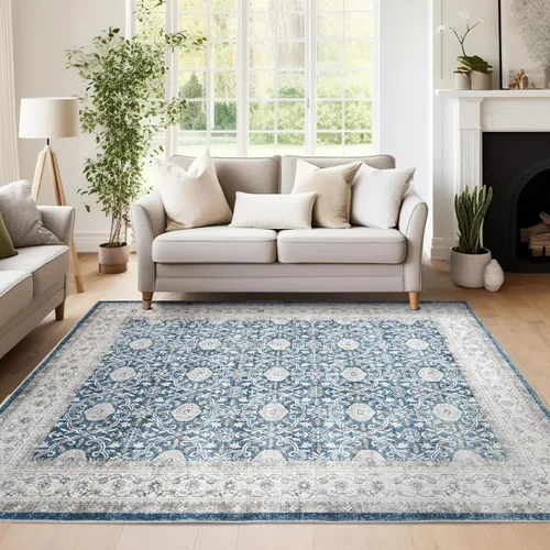 Miniatura 191 de Jinchan Fiora - Alfombra redonda de 8 pies, alfombras vintage con diseño floral envejecido, lavable a máquina, antideslizante, de pelo bajo, Azul