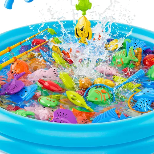 Miniatura 2 de Juego magnético de juguetes de pesca para niños pequeños de 3 a 5 4 a 8 años, mesa de agua para tina de juguete con poste inflable para piscina, red