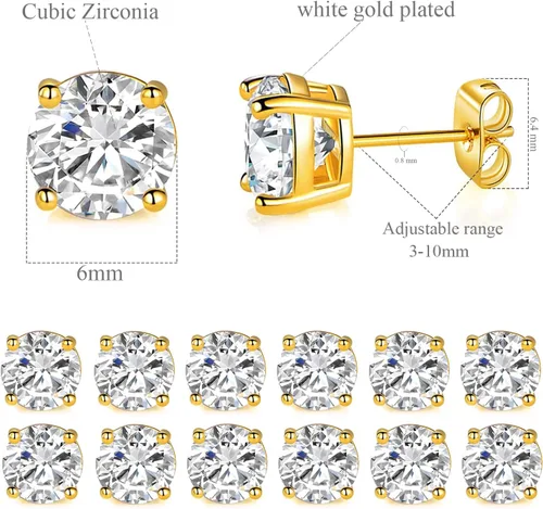 Miniatura 33 de Aretes de tuerca chapados en oro blanco de 18 quilates de 3 a 0.315 in con circonita cúbica redonda, paquete de 6 pares