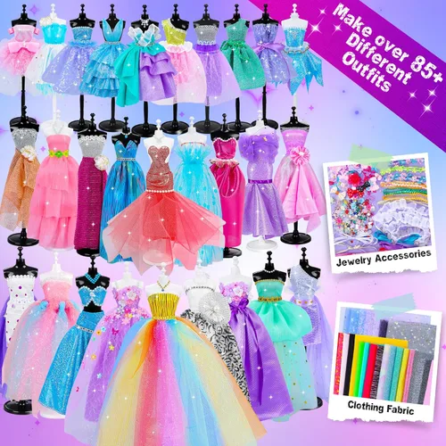 Miniatura 2 de MINIFUN Kit de diseño de moda para niñas, kit de costura con 4 maniquíes, kit de manualidades y manualidades para niños, kit de fabricación de ropa