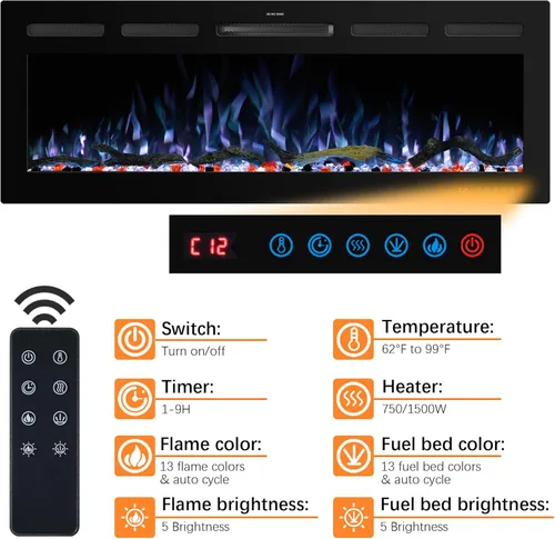 Miniatura 2 de Insertos de chimenea eléctrica WiFi de 33 pulgadas, calentador de chimenea empotrado y montado en la pared con color de llama ajustable y brillo