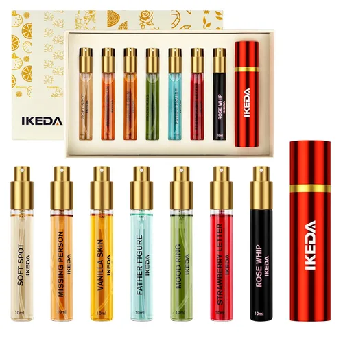 Ikeda - Juego de perfume de 7 piezas, 0.3 fl oz y 20% Eau de Parfum con estuche de viaje, larga duración 8-12H, incluye piel de vainilla, látigo de