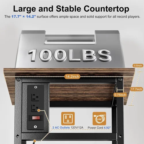 Miniatura 4 de HYPIGO Soporte para tocadiscos con tomas de corriente, soporte para tocadiscos con almacenamiento de discos de vinilo con capacidad para más de 300