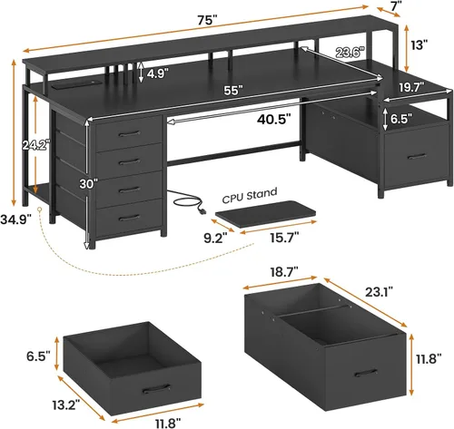 Miniatura 2 de SEDETA Escritorio para computadora de 75'' con 5 cajones, toma de corriente y luces LED, escritorio de oficina en casa con cajón de archivos, Negro