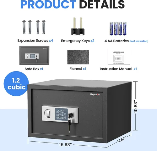 Miniatura 2 de Caja de seguridad de 1.2 pies cúbicos, caja de seguridad digital con estante y teclado y combinación, caja de seguridad digital de acero aleado