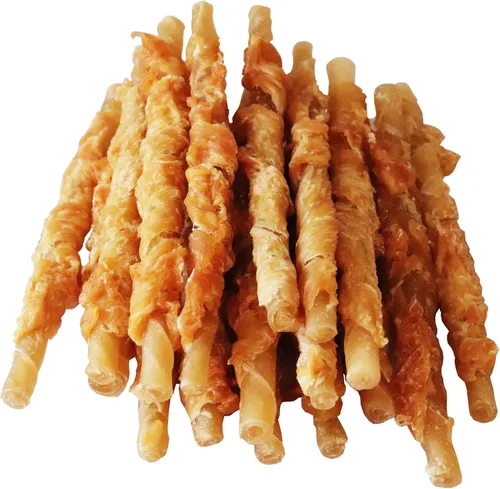 Cueros crudos envueltos en pollo para perros, golosinas para entrenamiento de cachorros, palitos masticables de cuero crudo para perros, golosinas