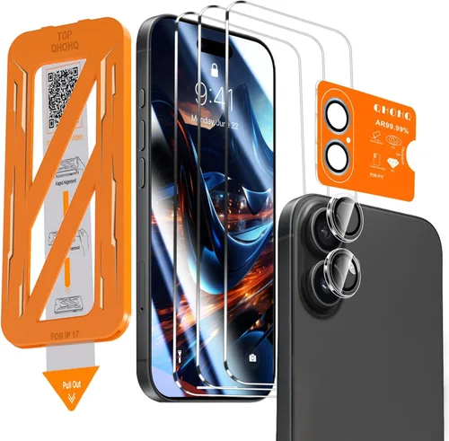 Miniatura 9 de QHOHQ Paquete de 3 protectores de pantalla para iPhone 14 / iPhone 13 [6.1 pulgadas] con paquete de 3 protectores de lente de cámara de vidrio