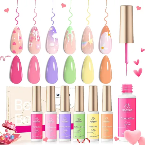 Miniatura 12 de Beetles - Juego de esmalte de uñas de gel con líneas de arte, esmalte de uñas de gel en blanco, oro y rojo con purpurina, punta francesa neón, uñas