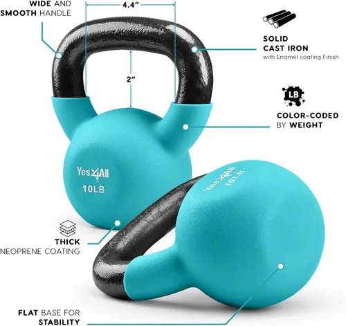 Miniatura 3 de Yes4All Pesas rusas, pesas rusas de hierro fundido recubiertas de neopreno de 5-65 LB, asa de agarre ancho y fondo plano para balanceos, B. 10